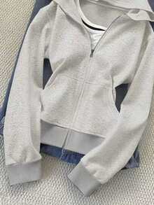 Rina Fox Áo sweatshirt nữ dài tay, màu trơn, cổ có khóa kéo, túi hông, kiểu dáng thường ngày, thích hợp cho mùa thu. - Xám - Xem 4