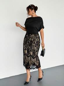 Firerie Plus Size Spring, Autumn & Winter Comfortable Casual Elegant Vacation Ruched One Shoulder Asymmetric-Shoulder Oblique Shoulder Lace Patchwork Professional Asymmetricice Commute Short Sleeve Midi Dress For Women