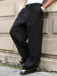 Manfinity Roghcode 加大码男士宽松口袋黑色阔腿裤，黑色宽松工装裤，男士阔腿裤，男士冬季服装，送给男友的完美礼物，街头潮流、校园风、万圣节男士裤子，日系男士宽松街头风黑色裤子 - 黑色 - 查看 3