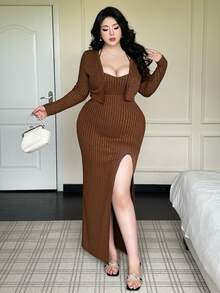 Flirla 大码女式棕色纯色针织细肩带性感开衩连衣裙 + 休闲针织开衫两件套 - 棕色 - 查看 1