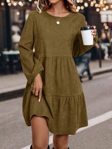 EMERY ROSE Women's Casual Everyday Commute Simple Solid Color Corduroy Lantern Sleeve Tiered Hem Short Dress, Autumn