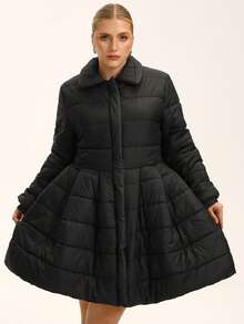 EMERY ROSE Plus Size Women Padded Coat, French Romantic Ruffle Hem A-Line Short Coat, Winter Outerwear - Black - View 4