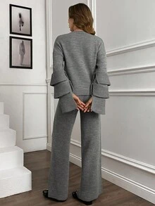 EURMUSE WOMEN Grey Ruffle Sleeve Knit Sweater And High-Waisted Pants Set - Elegant 2 Pieces Outfit With Round Neck And Long Sleeves,Petite Co Ord,Co Ord,Petite,Winter Clothes - Grey - View 2