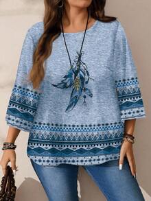 EMERY ROSE Blusa larga con collo rotondo e maniche 3/4 con motivo a piume, per donne taglie forti, adatta per autunno/inverno