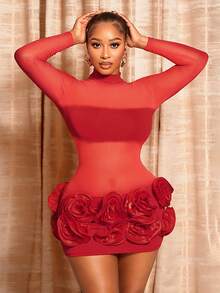 BamGleam Women's Sexy Bottom Hem Floral Decor Fitted Dress High Neck Mesh Three-Dimensional Flower Valentine's Day Party Dress - Red - View 5