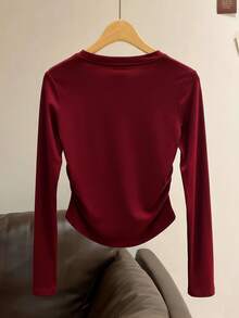 SHEIN Áo thun dài tay nữ in chữ thời trang tối giản, quà tặng cho bạn bè - Màu Đỏ Sâu - Xem 2