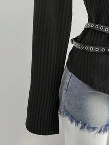 SHEIN PETITE American College Style Commuter High-Waisted Versatile Design Fitted Long Sleeve Blouse Top For Women, Autumn/Winter - Black - View 3