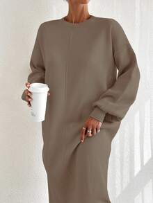 EURMUSE 1pc Drop Shoulder Sweater Dress, Casual Solid Color For Autumn/Winter Daily Wear - Camel - View 6
