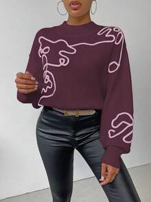 SHEIN LUNE Women's Contrast Color Pattern Turtleneck Long Sleeve Sweater - Dusty Purple - View 4