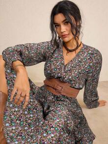 Freevana 大码秋季服装全印花褶皱豹纹长袖连衣裙/秋季连衣裙/秋季女装秋季婚礼宾客连衣裙优雅女士连衣裙商务休闲女士工作连衣裙商务连衣裙 - 綠色 - 查看 1