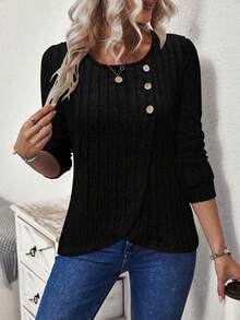SHEIN LUNE Pull-over femme à manches longues, en tricot moelleux, couleur unie, avec ourlet peplum, décontracté. Nouveau pour l'automne/hiver - Noir - Voir 4