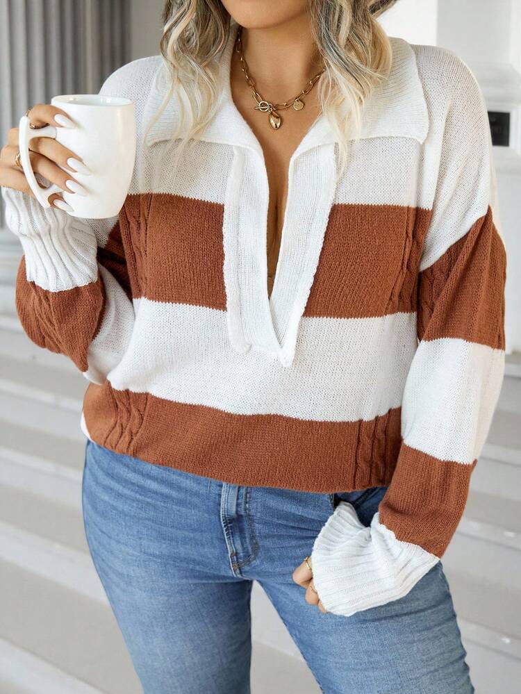 Plus Colorblock Drop Shoulder Sweater Knit Pullover Fall Winter Sweater