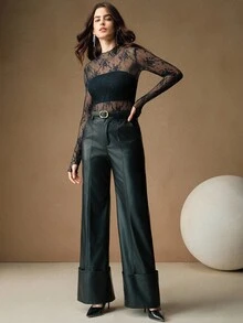 Anewsta 女士蕾丝透视拇指孔优雅衬衫，适合节日派对装 - 藏蓝色 - 查看 6