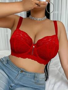 DesireSculpt 1 件大码圣诞蕾丝钢圈文胸 - 紅色 - 查看 4