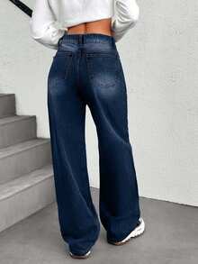 SHEIN Cottnline Low Waist Back Jacron Detailed Wideleg Jean - Dark Wash - View 2