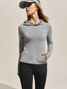 Easithlete 女式自然徒步插肩袖连帽运动衫，时尚修身百搭户外套头衫，秋冬 - 灰色 - 查看 4
