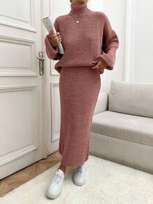 EURMUSE Maglione oversize casual a collo alto con maniche doppie e spalle scoperte, e gonna lunga aderente a coste - set di 2 pezzi