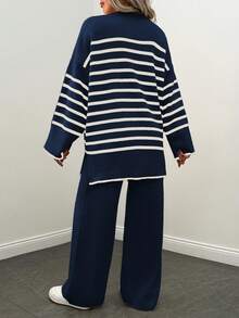 EURMUSE 2pcs Women Casual Striped Round Neck Dropped Shoulder Long Sleeve Sweater & Knit Pants Set, Autumn/Winter - Navy Blue - View 2