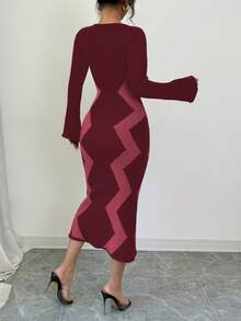 Elenzga Women's Sweater Dress With Flare Sleeves - Burgundy - View 2