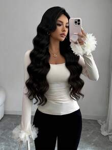 SHEIN Elenzya بلوزة نسائية مربعة الرقبة طويلة الأكمام مع تصميم جانبي مطوي، زخرفة أكمام بالأزهار، أنيقة للاستخدام اليومي والتنقل والموضة والشارع الفرنسي والفينتاج والحفلات والأعمال، باللون البيج، قميص داخلي للخريف/الشتاء - لون مشمشي - مشاهدة 7