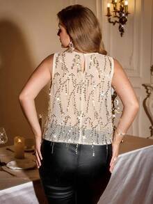 SHEIN Essnce Plus Size Women's Spring And Summer Fashion Elegant Comfortable Loose Colorful Shiny Sequins Black Sleeveless Sexy See-Through Top,Y2K,Going Out Tops Women,Club Sexy,Rave Festival,Streetwear Women,Beaded Top,European Summer,Concert,Country Concert - Apricot - View 2