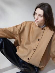 Aveloria Modichic Solid Color Twill European & American Style Versatile Bomber Jacket, Long Sleeve Outerwear - Khaki - View 5