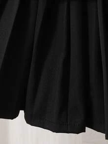 3pcs Girls Outfit: Apricot Ribbed Turtleneck Long Sleeve Top, Black Pleated Skirt, Apricot Fuzzy Vest - Apricot - View 3