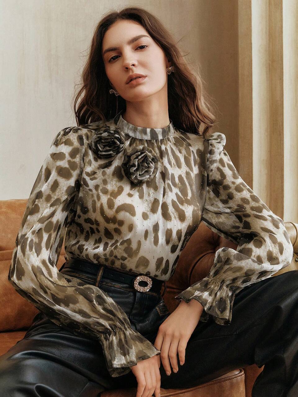 Elegant White Animal Print Semi Formal Autumn Blouse,Chic Leopard Print Vintage 3D Floral Tie Neck,Suitable For Party,Wedding,Work,New Year,Christmas