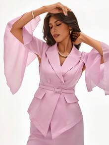 Rafferiza Bộ vest thanh lịch cho nữ, áo khoác cổ ve lật hai hàng khuy và quần ống loe màu trơn - Màu Hồng baby - Xem 4