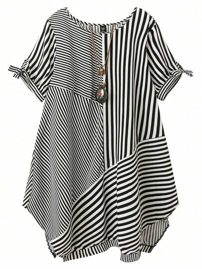 SHEIN CURVE+ Elegant Commute Casual Retro Resort Style Fashion Versatile Striped Floral Fabric Round Neck Striped Patchwork Knotted Short Sleeve W-Hemline Design Black & White Maxi Dress, Plus Size