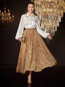 Modelyn 女士拼接蕾丝半身裙 - 卡其色 - 查看 3