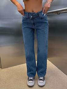 CasuGlow 100% Cotton HIGH RISE ASYMMETRIC BELT STRAIGHT CUT JEAN - Dusty Blue - View 5