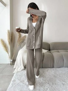 EURMUSE Women's Oversized Cardigan And Knit Pants Set - Grey - View 4