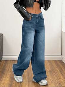 EURMUSE Low Waist Wash Detailed Wideleg Jean - Dusty Blue - View 4