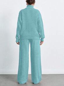 SHEIN Tall 高領落肩袖毛衣褲子套裝，女款套裝，小碼套裝，套裝，小碼，冬季衣物，高個子女性 - 薄荷綠 - 查看 2