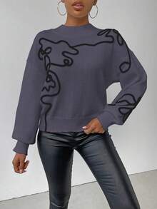 SHEIN LUNE Jersey de cuello alto de manga larga con patrón de color contrastante para mujer - Iron Gray - Ver 6