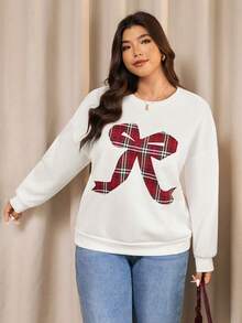 Elaquor بلوزة رياضية فضفاضة مطرزة بفيونكة مربعات مناسبة للمقاسات الكبيرة للنساء، تناسب جميع المناسبات، مناسبة لعيد الميلاد - بيج - مشاهدة 4