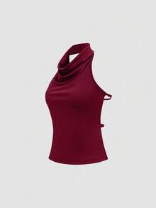 Sweetra High Neck Halter Elegant Basic Tank Top With Elastic Adjustable Drawstring Back - Burgundy - View 3