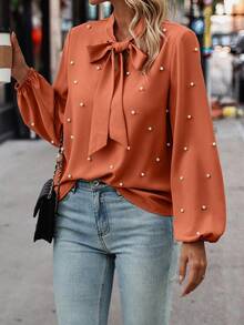 EMERY ROSE Áo cánh tay dài thanh lịch cổ thắt nơ màu trơn đính ngọc trai giả cho nữ - Màu Cam cháy - Xem 3