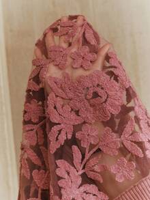 Anewsta 女式秋季花卉网眼圆领短袖针织上衣春季女装 - 中紫紅色 - 查看 8