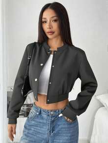 EMERY ROSE 纯色前扣口袋长袖短款休闲夹克 - 深灰色 - 查看 4