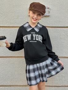 青少年女孩二合一马球领运动衫和裙子套装 - 黑色 - 查看 6