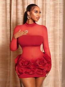 BamGleam Women's Sexy Bottom Hem Floral Decor Fitted Dress High Neck Mesh Three-Dimensional Flower Valentine's Day Party Dress - Red - View 4