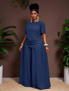 Veslaya 加大码纯色不对称下摆垂坠短袖上衣和阔腿裤优雅两件套 - 水鴨藍 - 查看 9