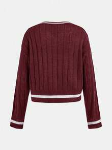 SHEIN Suéteres para adolescentes con cuello en V profundo, de manga larga, a rayas, casuales, elegantes y suaves, tops de manga larga - Burdeos - Ver 2