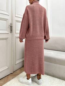 EURMUSE Maglione oversize casual a collo alto con maniche doppie e spalle scoperte, e gonna lunga aderente a coste - set di 2 pezzi