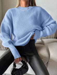 EURMUSE Women's Solid Color Crew Neck Casual Pullover Sweater,Jumper,Cream Jumper,Jumpers,Black Jumper,Womens Jumper,White Jumper,Women's Jumper,Women's Jumpers,Winter Clothes - Blue - View 5