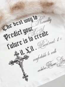 ROMWE Grunge Punk Y2K Retro Sexy Halter 2 In 1 Furry Cross Letter Print Bodycon Mini Skirt Set For Women - White - View 7