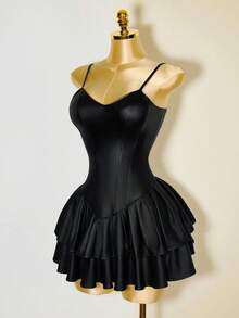 Mistrie 黑色套装女式性感连衣裙 PU 不对称罩杯束腰蛋糕褶边下摆连衣裙 - 黑色 - 查看 7