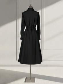 Franclia 海军蓝色长袖中长连衣裙，时尚法式束腰，适合秋季女性 - 黑色 - 查看 2